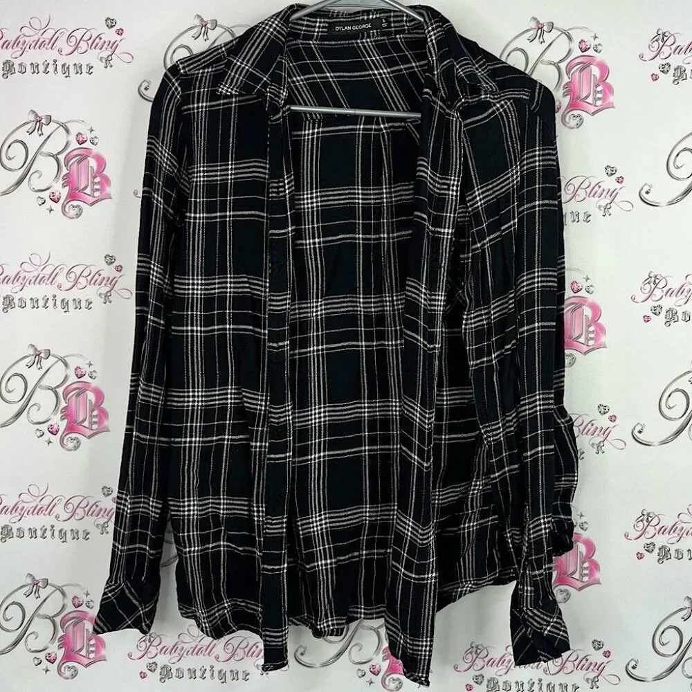 Dylan George button up plaid Stylish Black and White Plaid Button Down Shirt